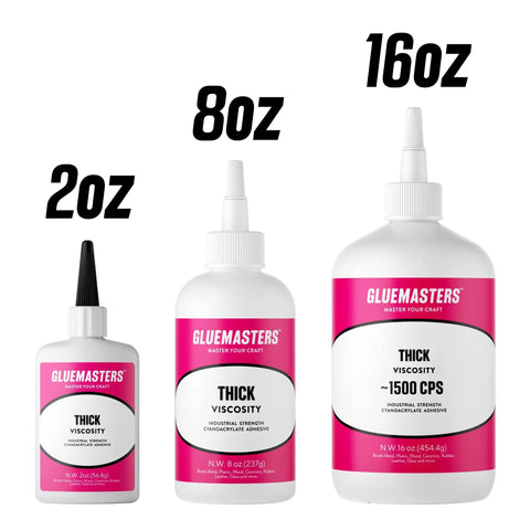 Three bottles of GlueMasters Thick Viscosity Cyanoacrylate Adhesive in sizes 2oz, 8oz, and 16oz for various project needs.