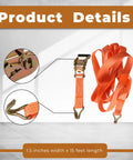 Heavy Duty Ratchet Straps 15 Foot By 1.5 Inch Cargo Tie Down Bands To Lock Down Your Load With Spring Collet System For Trailer Haul And Truck Bed Securement Rock Solid Polyester Webbing, showing hook and ratchet details.