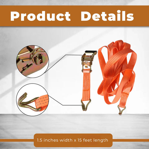 Heavy Duty Ratchet Straps 15 Foot By 1.5 Inch Cargo Tie Down Bands To Lock Down Your Load With Spring Collet System For Trailer Haul And Truck Bed Securement Rock Solid Polyester Webbing, showing hook and ratchet details.