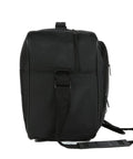 Side view of black Underseat Carry On Duffle Bag that fits United Airlines 17x10x9 Rule, 28L capacity, with carry handle and strap.