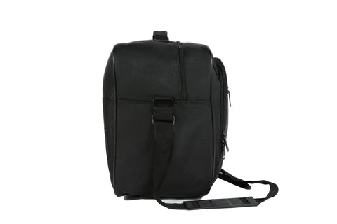 Side view of black Underseat Carry On Duffle Bag that fits United Airlines 17x10x9 Rule, 28L capacity, with carry handle and strap.