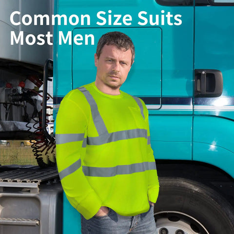 Man by truck wearing Six Pack XL High Visibility Reflective Long Sleeve Safety Shirt in yellow with reflective strips.
