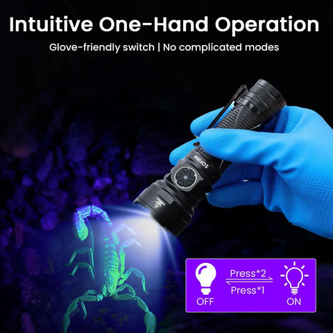 Rechargeable 365nm UV Blacklight Flashlight With ZWB2 Filter IPX8 Waterproof revealing fluorescence on scorpion