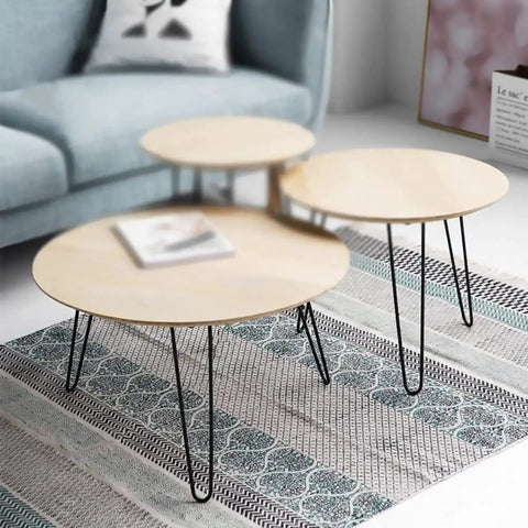 Round coffee tables with adjustable black iron furniture legs 35 cm tall, in a modern living room setup.