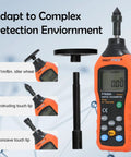 Built Like A Tank Digital Contact Tachometer Nails 50 To 19999 RPM with ergonomic grip and multiple touch tips for varied measurements.