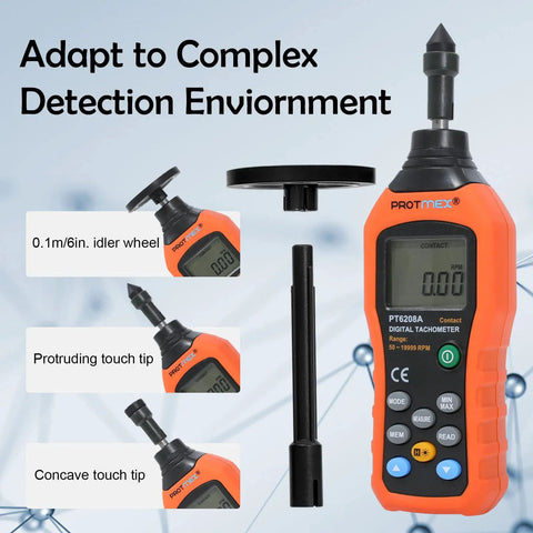 Built Like A Tank Digital Contact Tachometer Nails 50 To 19999 RPM with ergonomic grip and multiple touch tips for varied measurements.