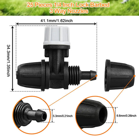 Upgraded Locked Micro Spray Irrigation Drippers 25 Pieces Kit With 3 Way Atomizing Nozzles dimensions
