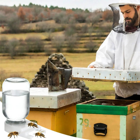 Beekeeper at work with bee entrance feeder for beehives 8 pack perforated metal Mason jar lids waterers in foreground