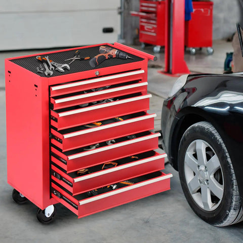 Seven Drawer Rolling Tool Chest With Lockable Metal Cabinet On Wheels For Garage Workshop, shown with open drawers filled with tools