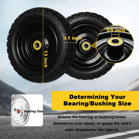 Image showing 13 Inch Flat Free Tire Set 4.00-6 With Puncture Resistant Polyurethane Foam And 5/8 Inch Bearings dimensions.