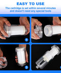 Four-step installation guide for 1 Micron High Density Washing Machine Water Filter System For Washer And RV Heaters Over 99.5 Percent Chlorine Fluorine And Heavy Metals Removal Reusable ACF Filter With Advanced Activated Carbon Fiber Carbon Block And PP Cotton, showing hands assembling the filter.