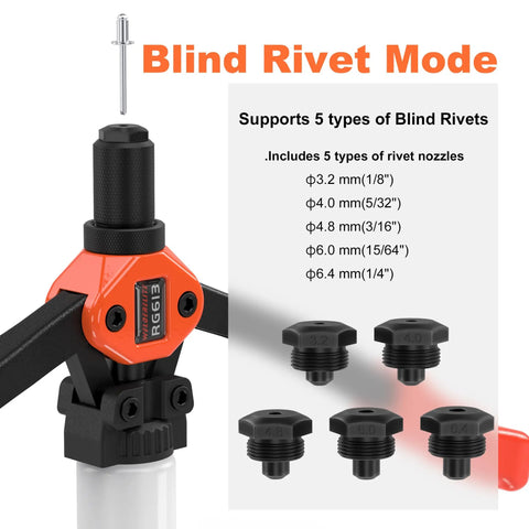 Dual Function Rivet Nut Tool Kit With 405 Rivet Nuts Blind Rivets 15 Mandrels And 5 Nozzles displayed in Blind Rivet Mode