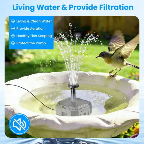 4W Solar Fountain Pump With Pond Filter Kit in bird bath, featuring water spray, 5 nozzles, and PVC tubing for outdoor pond aeration.