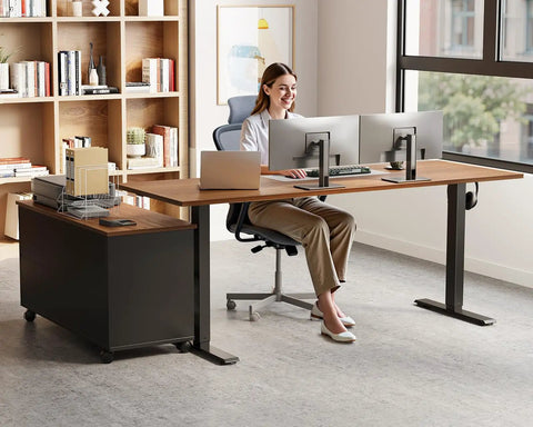 55 Inch L Shaped Electric Standing Desk With Drawers And File Cabinet Sets For Home Office Sit Stand Computer Desk In Walnut And Black