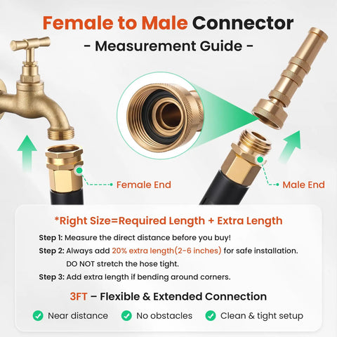 Stainless Steel Garden Hose With Metal Leader, 3 Ft Long, Female to Male Connector Guide, Brass Fittings Detail