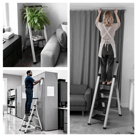4 Step Folding Aluminum Ladder With Retractable Handrail, Lightweight 12.5 Lb Step Stool, Heavy Duty Up To 330 Lb, Grab And Go Portable Home Garage Reach Tool, Extends To 50.5 Inches, Folds Slim For Easy Storage, used indoors