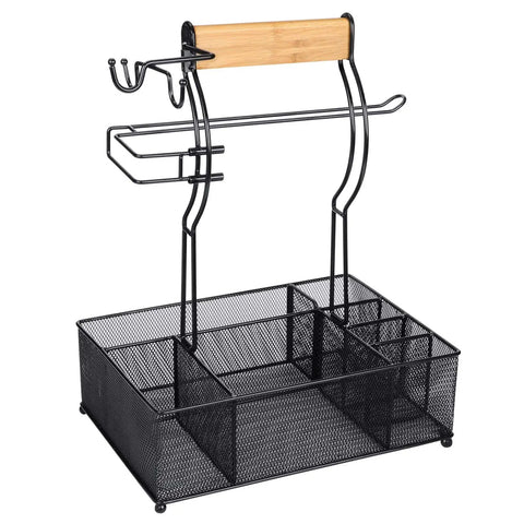Grill Caddy With Paper Towel Holder And Seven Compartment Organizer For Outdoor BBQs, with hooks, made of steel mesh.