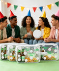 Group of friends with 16 Pack Clear PVC Zip Pouch Bags For Travel And Everyday Use with party supplies visible