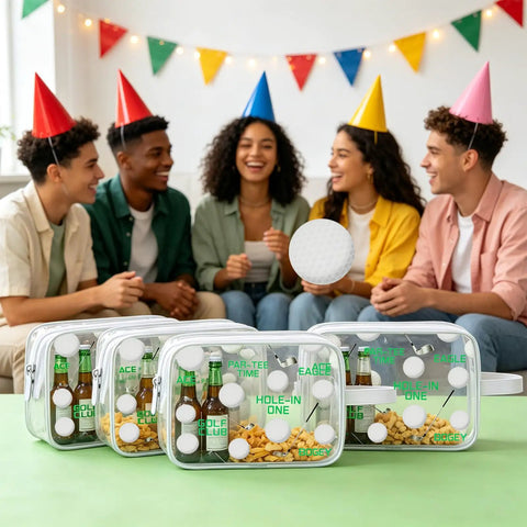 Group of friends with 16 Pack Clear PVC Zip Pouch Bags For Travel And Everyday Use with party supplies visible