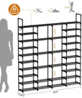 Diagram of Extra Large 4 Row 10 Tiers Metal Shoe Rack Heavy Duty Organizer For Closet Entryway Garage Holds 72 To 80 Pairs Of Kicks Tall Stackable Shoe Shelf Black with dimensions and silhouettes.
