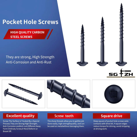 Pocket Hole Screws Size Eight Two And A Half Inch Ninety Pieces Heavy Duty Carbon Steel Blue Washer Head Coarse Thread Square