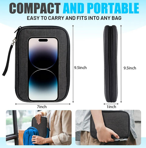 Ultimate Travel Cable Organizer Bag With Double Layer Tech Pouch For Cords Chargers Phone Earbuds USBs SD Cards Waterproof Portable Gear For Everyday And Adventure shown with dimensions and portability.