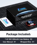 Package of Two Pack 2S 7.4V 850mAh 50C LiPo Battery Soft Pack With JST Connector displayed with manual and box