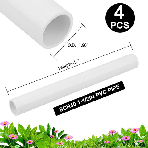 Four Heavy Duty White Schedule 40 Pvc Pipes 1.5 Inch Diameter By 17 Inch Length sitting on flowers, showcasing dimensions and sturdy design.