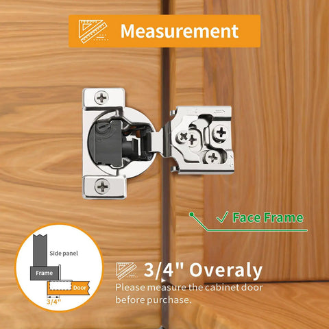 Premium Self Closing Soft Close Cabinet Hinges 10 Pack With Smooth As Butter Action Satin Nickel showing measurement for face frame installation.