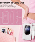 Pro Grade Electric Nail Drill 45000 RPM Cordless Nail File shown with size dimensions and in a pocket for easy portability.