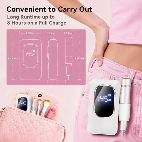 Pro Grade Electric Nail Drill 45000 RPM Cordless Nail File shown with size dimensions and in a pocket for easy portability.