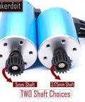 Close-up of two blue RC motors with 5mm and 3.175mm shaft options, suitable for 32P 5mm Pinion Gear Set For RC Cars With Hex Key 13T 14T 15T 16T 17T Durable Metal Construction Gear Up Your RC Ride With Quick Gear Ratio Swaps For Different Track Conditions.