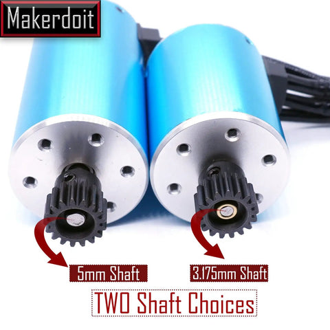 Close-up of two blue RC motors with 5mm and 3.175mm shaft options, suitable for 32P 5mm Pinion Gear Set For RC Cars With Hex Key 13T 14T 15T 16T 17T Durable Metal Construction Gear Up Your RC Ride With Quick Gear Ratio Swaps For Different Track Conditions.