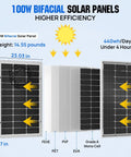 Diagram of High Efficiency Bifacial Solar Panel Kit 2x100W Monocrystalline Off Grid PV Modules dimensions and efficiency.