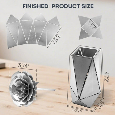 3D Rose And Vase Welding Practice Kit For Beginners DIY In 201 Stainless Steel, finished product size dimensions shown.