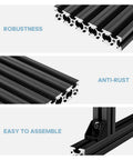 V Slot 2020 Aluminum Extrusion 800mm Length European Standard Anodized Black Finish Linear Rail For 3D Printer Engraving Machine DIY Workbench Built For Makers And Custom Build Projects showing robustness, anti-rust properties, and easy assembly in three sections.