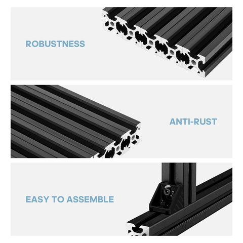 V Slot 2020 Aluminum Extrusion 800mm Length European Standard Anodized Black Finish Linear Rail For 3D Printer Engraving Machine DIY Workbench Built For Makers And Custom Build Projects showing robustness, anti-rust properties, and easy assembly in three sections.
