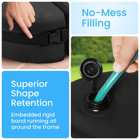 Hand filling Windproof Patio Umbrella Base Weight Water Bag With Side Slot Opening next to no-mess filling and shape retention texts.