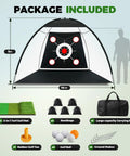 All In One Golf Practice Net Set 10 By 7 Foot With Tri Turf Mat, Five Balls, Target Pockets, Carry Bag For Backyard And Indoor Swing Training Driving Chipping Putting Practice Great Gift For Golfers package contents displayed