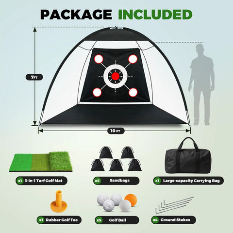 All In One Golf Practice Net Set 10 By 7 Foot With Tri Turf Mat, Five Balls, Target Pockets, Carry Bag For Backyard And Indoor Swing Training Driving Chipping Putting Practice Great Gift For Golfers package contents displayed