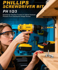 Cordless yellow drill with magnetic bit holder and Phillips, slotted, Pozidriv bits