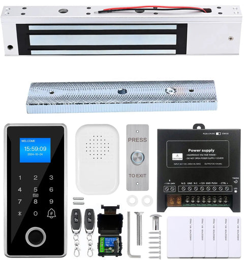 Waterproof 4 In 1 Fingerprint Access Control Kit With 600 Lbs Magnetic Lock In NC Mode IP68 Metal Keypad and accessories.