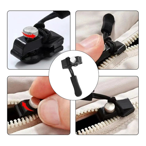 Zipper Pull Repair Kit For Clothing Backpacks Tents And Outdoor Gear Durable Black Plastomer Pulls shown in detail and installed on zipper