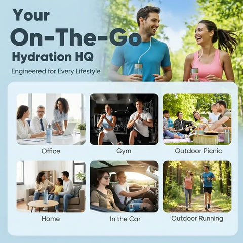 Collage showing On The Go Hydrogen Water Bottle With SPE-PEM Electrolysis for office, gym, picnic, home, car, and running.