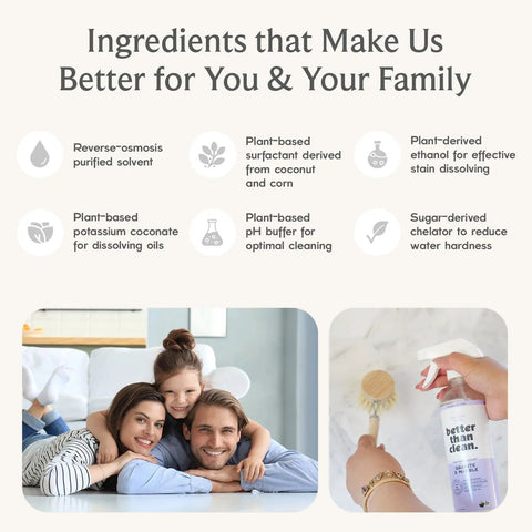 Plant Based Natural Stone Cleaner Starter Pack For Marble And Granite Countertops Showers Floors And More Fragrance Free Kid And Pet Friendly Safe For Sensitive Skin ingredients overview and family interaction photo