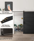 48 By 84 Inch Sliding Barn Door Kit With Wave Shape Panel And Hardware Included Solid Wood With MDF And PVC Covered Surface Black Finish Easy Install And Durable Craftsmanship shown in living room setting