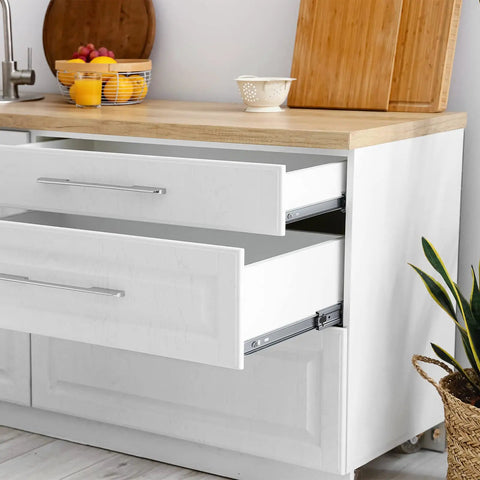 Open kitchen cabinet showing 22 Inch Soft Close Full Extension Drawer Slides Set of 6 Pairs with ball bearing, heavy duty design.