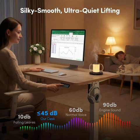 Electric Height Adjustable Standing Desk 48 Inch By 24 Inch With One Touch Lift And Three Memory Presets White Frame And Maple Top in a cozy home office setting with computer and coffee.