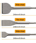 Three chisels from Rotary Hammer Drill Chisel Set With Six Pieces For Tile Masonry Concrete Brick Stone Work Includes Tile Grooving Scraping Flat Point And Scaling Chisels Designed For SDS Plus Drills Premium Chromium Vanadium Steel Durable And Tough, labeled as wide and tile chisels.