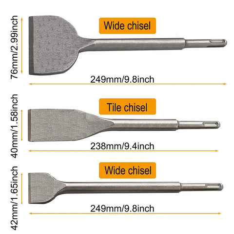 Three chisels from Rotary Hammer Drill Chisel Set With Six Pieces For Tile Masonry Concrete Brick Stone Work Includes Tile Grooving Scraping Flat Point And Scaling Chisels Designed For SDS Plus Drills Premium Chromium Vanadium Steel Durable And Tough, labeled as wide and tile chisels.